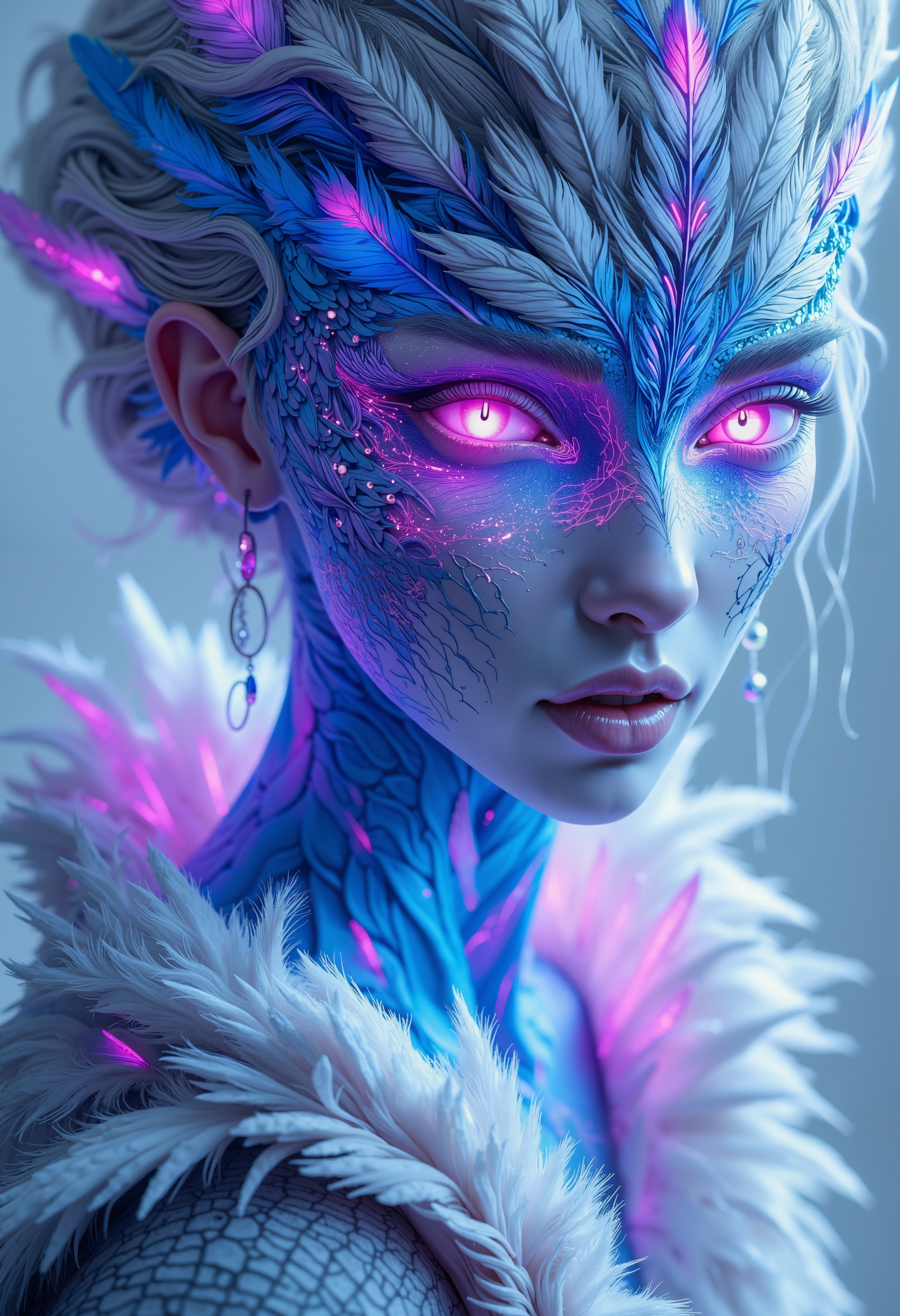 high quality, ultra detailed, colorful, dark fantasy, bo-snakecult, bo-neon, a highly detailed digital artwork featuring a young woman's face and upper body, the artwork is rendered in a hyper-realistic, photorealistic style, with a focus on texture and light, creating a surreal and dreamlike atmosphere, the woman's skin is pale, almost translucent, and her face is adorned with intricate, feather-like patterns in shades of blue, pink, and purple, giving her a ethereal and otherworldly appearance, her hair is voluminous and styled in an elaborate updo, with some strands framing her face, the feathers are intricately detailed, with soft, feathery textures and a sense of movement, adding to the surreal and ethereal quality of the artwork, the background is a gradient of light to dark grey, ensuring the focus remains on the subject, the overall composition is balanced, with the subject occupying the central portion of the frame, and the artwork exudes a blend of realism and fantasy, making it a captivating and immersive piece of art<lora:boFLUX Abyss Neon.safetensors:0.8:0.8> <lora:FLUX Snakecult\bo-snakecult_epoch_4.safetensors:1.0:1.0>