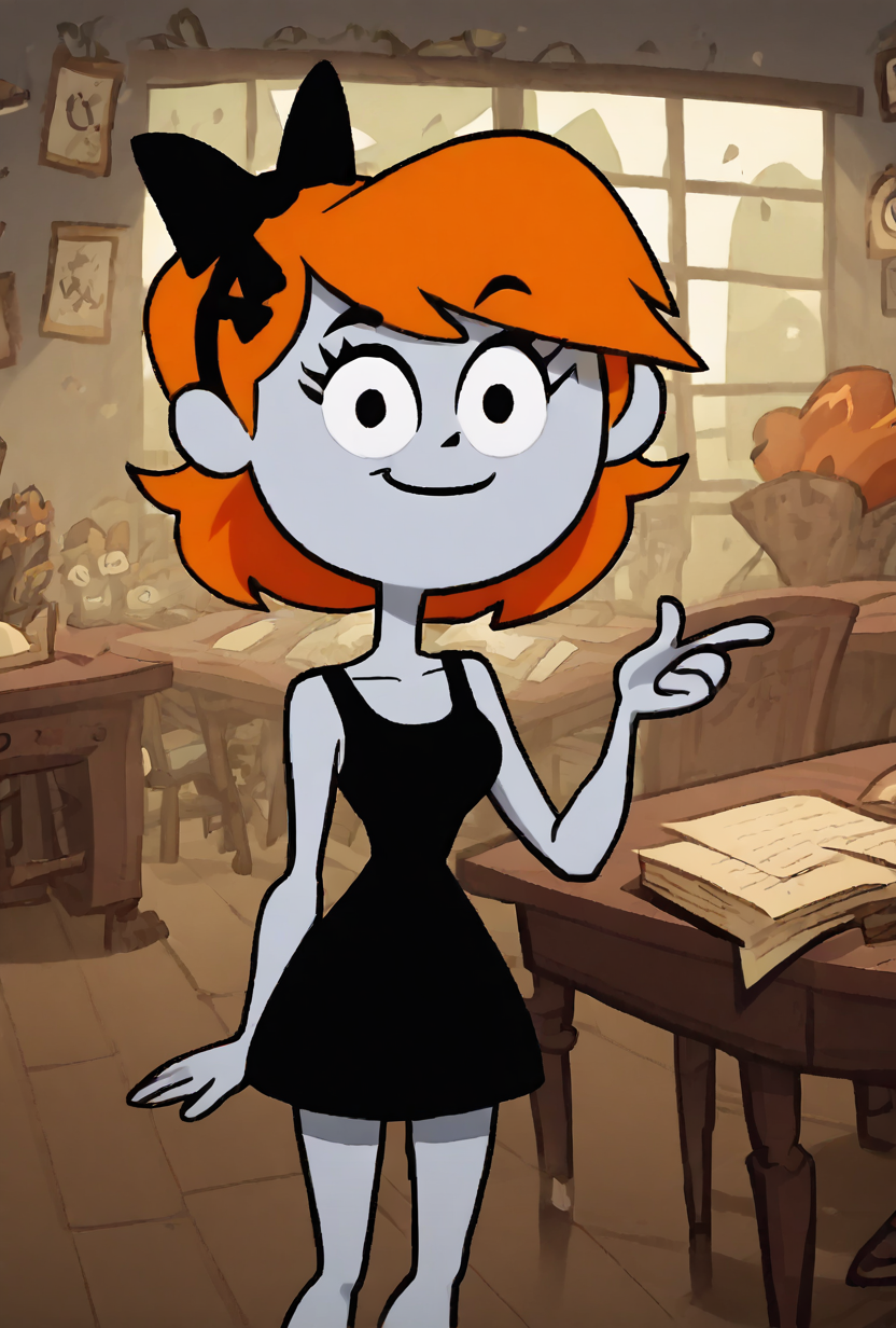 score_9, score_8_up, score_7_up, score_6_up, score_5_up, simple,  looking at viewer, smiling, simple, <lora:derpina-10:1> derpina, 1girl, short hair, hair bow, medium hair, orange hair, black dress,, white skin,,  <lora:wyatt:1> wyatt <lora:Terminalmontage Style V2:1> terminalmontage