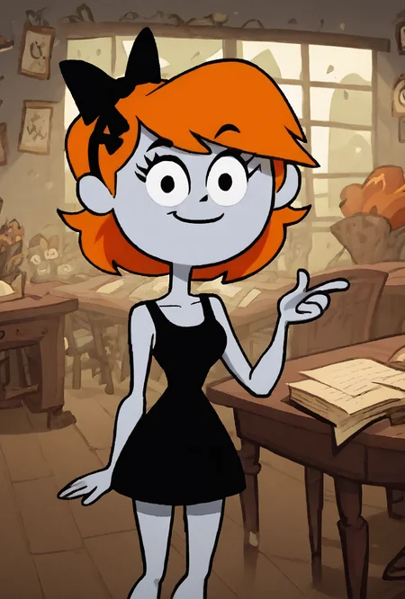 score_9, score_8_up, score_7_up, score_6_up, score_5_up, simple, looking at viewer, smiling, simple, <lora:derpina-10:1> derpina, 1girl, short hair, hair bow, medium hair, orange hair, black dress,, white skin,, <lora:wyatt:1> wyatt <lora:Terminalmontage Style V2:1> terminalmontage