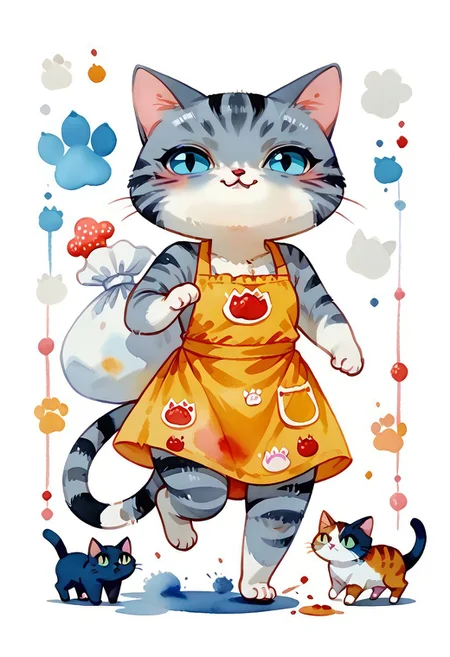 score_7_up, score_8_up, score_9, (full body:1.15), cat, animal kitten, chibi animal cat, Kus1cat, Chibi Art Style, fur,
cute cat, game character, very cute, chef, watercolor style, watercolor,
(gray striped cat with an apron running with a sack of flour:1.21),
(cute kitchen detailed background:1.23), HQ,