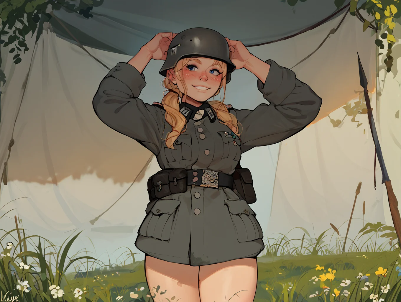score_9, score_8_up, score_8_up, raw,
1girl, solo, from front, standing, small thighs, blonde hair, (blue eyes, nose, blush, slight smile), arms up,
grey uniform, grey military uniform, grey helmet,
scenic background, outside tent,
<lora:age_slider_v4:1>, <lora:Wehrmacht_And_Officers__World_War_2:1>, <lora:incase_v14:1>