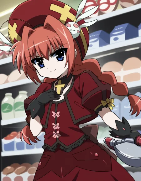 score_9, score_8_up, score_7_up, source_anime, <lora:vita-movie2-ponyxl-lora-nochekaiser:1>, vita, blue eyes, braid, ahoge, red hair, twin braids, rabbit hair ornament,, gloves, hat, dress, weapon, open clothes, open jacket, magical girl, red dress, cropped jacket, hammer,, grocery store, cashier, shopping bag, scanning items, small talk, everyday routine, smile, looking at viewer, hands on own chest,, solo,, dutch angle,