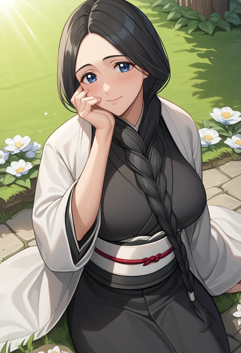 score_9, score_8_up, score_7_up, source_anime BREAK 1girl, solo, cowboy shot, looking at viewer,
<lora:Unohana_RetsuDwnstyv2:1.1>, unohana_def, blue eyes, braid, hair over shoulder, hair between breasts, long hair, black hair, black kimono dress, white coat, white obi,
large breasts, light smile, skindentation, hand on own cheek, head tilt, happy, blush, close-up, sitting, on ground,
outdoors, garden, stone floor, grass, flower, tree, lake, sunlight,