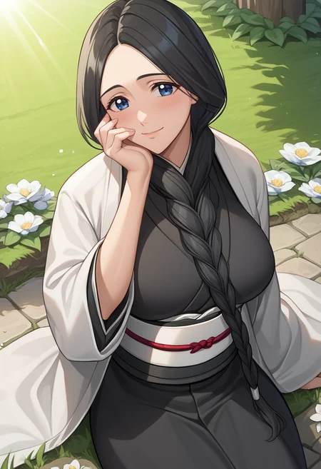 score_9, score_8_up, score_7_up, source_anime BREAK 1girl, solo, cowboy shot, looking at viewer,
<lora:Unohana_RetsuDwnstyv2:1.1>, unohana_def, blue eyes, braid, hair over shoulder, hair between breasts, long hair, black hair, black kimono dress, white coat, white obi,
large breasts, light smile, skindentation, hand on own cheek, head tilt, happy, blush, close-up, sitting, on ground,
outdoors, garden, stone floor, grass, flower, tree, lake, sunlight,