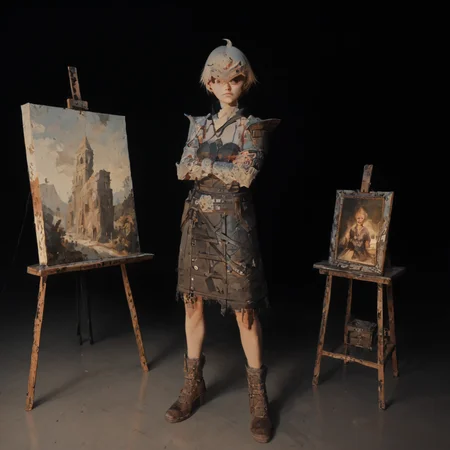 score_9, score_8_up, score_7_up, Arrisa, front view, full body, painting, standing with crossed arms and raised eyebrow, indicating skepticism,chaparral BREAK <lora:ARRISA-12:1>