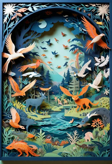 3D papercut shadow box of a parallel universe where animals have evolved to use technology, Patchwork Style, layered, dimensional, depth, silhouette, shadow, handmade, by various contemporary artists. 
concept-art, fantasy, epic, majestic, magical, dreamy, perspective, light and shadow, moody, epic, 
beautiful, painterly, aesthetic, textural, vivid, vibrant, intricate details, highly detailed, ultra-detailed, absurdres, 
aid291, ptchkrawk , paper-cut
