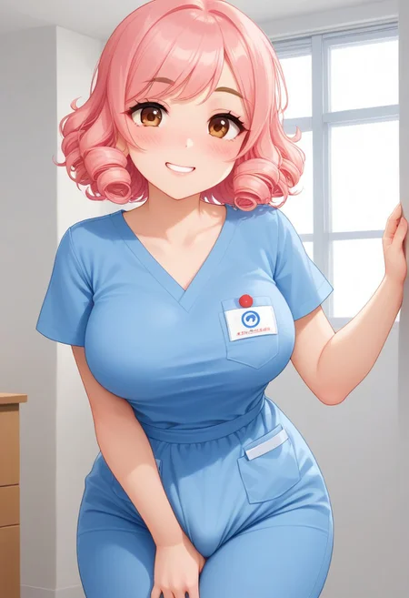score_9, score_8_up, score_7_up, masterpiece, best quality,uncensored, 25 years old, cute, pretty girl, very kawaii, kawaii, ((young, youthful)), asian girl, japanese girl, beautiful, Expressiveh, indoors, room, ((curvy body)), thick thighs, wide hips, soft looking skin, thin eyebrows, girly, feminine, ((round face)), ((peach pink hair)), fringe bangs, slightly curly hair, short hair, adult, ((large breasts)),brown eyes, brown eyebrows, curvy girl, very kawaii, scrubs, medical scrubs, round breasts, standing, long eyelashes, egirl makeup, egirl, egirlthot, noseblush, very pale skin, pink lips. shy, timid, averted eyes, thin arms, narrow shoulders, petite, hud_scrbs, short sleeves, shirt, pants, pocket, smile, full diaper under pants, grabbing own crotch, squeezing own crotch, disgust, heavy diaper under pants