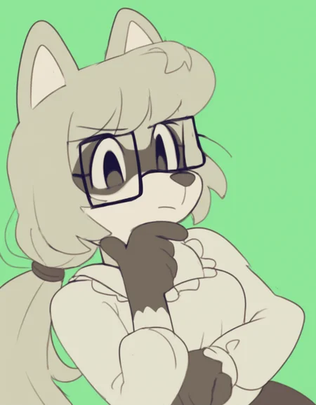 colored outlines, pastel background, sea-green background, 

1girl, solo, furry, anthro raccoon girl, almond-shaped eyes, hazel eyes, (square glasses:1.15), straight blonde hair, long ponytail, blouse, low ponytail, nerd, thinking, one hand on chin, 