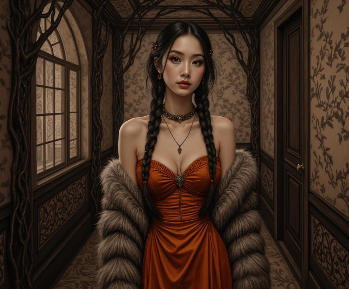 <lora:rbcharc0al_flux.safetensors:1> rbcharc0al
traditional medium art, motion art, highly detailed
In a city where the buildings breathe and pulse with an otherworldly energy, a 24-year-old Asian woman stands gracefully in a dimly lit corridor. Her expressive dark eyes and composed demeanor are accentuated by the intricate patterns on her attire, which mimic the city’s circulatory system. Her long, dark hair is intricately braided into twin braids, each strand delicately adorned with small, glowing ornaments that pulse in rhythm with the city’s veins.
Her dress, a blend of vivid orange and deep velvet, clings to her form, with a plunging neckline that reveals modest cleavage. Over her shoulders, a fluffy, off-shoulder faux fur coat adds a luxurious contrast, its soft texture a stark juxtaposition to the city’s sharp, organic edges. A choker with tiny, ornate decorations ties the look together, enhancing the delicate, gothic style.
The corridor she stands in is a fusion of organic and architectural elements. The walls, pulsing with a faint, bioluminescent glow, resemble the inner lining of a vast, living organism. Hidden pathways and secret chambers whisper secrets, revealing themselves only when the city’s energy pulses in specific rhythms. The large, arched window behind her is framed by thick, vine-like tendrils, allowing a gentle play of light and shadow to dance across the muted, earthy wallpaper. The intricate patterns on the wall suggest a vintage aesthetic, blending seamlessly with the woman’s refined and whimsical appearance.
The atmosphere is both awe-inspiring and unsettling, with a sense of ancient power lurking just beneath the surface. The city’s veins, fluid and almost liquid-like, move gracefully around her, highlighting the duality of life and decay. The scene is a compelling story of symbiosis and the blurred lines between the organic and the constructed, a testament to the city’s living, breathing essence.