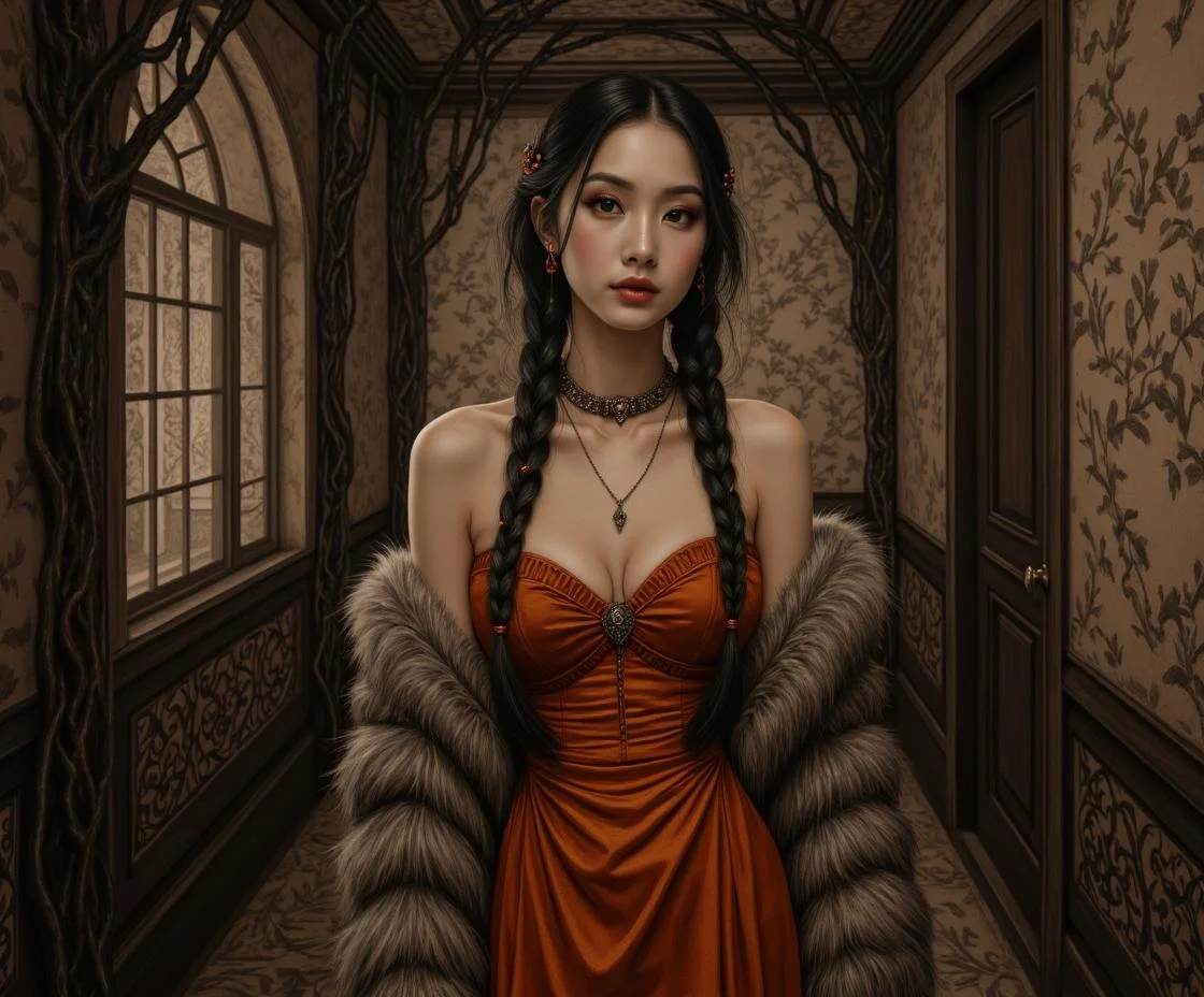 <lora:rbcharc0al_flux.safetensors:1> rbcharc0al
traditional medium art, motion art, highly detailed
In a city where the buildings breathe and pulse with an otherworldly energy, a 24-year-old Asian woman stands gracefully in a dimly lit corridor. Her expressive dark eyes and composed demeanor are accentuated by the intricate patterns on her attire, which mimic the city’s circulatory system. Her long, dark hair is intricately braided into twin braids, each strand delicately adorned with small, glowing ornaments that pulse in rhythm with the city’s veins.
Her dress, a blend of vivid orange and deep velvet, clings to her form, with a plunging neckline that reveals modest cleavage. Over her shoulders, a fluffy, off-shoulder faux fur coat adds a luxurious contrast, its soft texture a stark juxtaposition to the city’s sharp, organic edges. A choker with tiny, ornate decorations ties the look together, enhancing the delicate, gothic style.
The corridor she stands in is a fusion of organic and architectural elements. The walls, pulsing with a faint, bioluminescent glow, resemble the inner lining of a vast, living organism. Hidden pathways and secret chambers whisper secrets, revealing themselves only when the city’s energy pulses in specific rhythms. The large, arched window behind her is framed by thick, vine-like tendrils, allowing a gentle play of light and shadow to dance across the muted, earthy wallpaper. The intricate patterns on the wall suggest a vintage aesthetic, blending seamlessly with the woman’s refined and whimsical appearance.
The atmosphere is both awe-inspiring and unsettling, with a sense of ancient power lurking just beneath the surface. The city’s veins, fluid and almost liquid-like, move gracefully around her, highlighting the duality of life and decay. The scene is a compelling story of symbiosis and the blurred lines between the organic and the constructed, a testament to the city’s living, breathing essence.