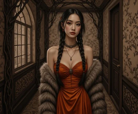 <lora:rbcharc0al_flux.safetensors:1> rbcharc0al
traditional medium art, motion art, highly detailed
In a city where the buildings breathe and pulse with an otherworldly energy, a 24-year-old Asian woman stands gracefully in a dimly lit corridor. Her expressive dark eyes and composed demeanor are accentuated by the intricate patterns on her attire, which mimic the city’s circulatory system. Her long, dark hair is intricately braided into twin braids, each strand delicately adorned with small, glowing ornaments that pulse in rhythm with the city’s veins.
Her dress, a blend of vivid orange and deep velvet, clings to her form, with a plunging neckline that reveals modest cleavage. Over her shoulders, a fluffy, off-shoulder faux fur coat adds a luxurious contrast, its soft texture a stark juxtaposition to the city’s sharp, organic edges. A choker with tiny, ornate decorations ties the look together, enhancing the delicate, gothic style.
The corridor she stands in is a fusion of organic and architectural elements. The walls, pulsing with a faint, bioluminescent glow, resemble the inner lining of a vast, living organism. Hidden pathways and secret chambers whisper secrets, revealing themselves only when the city’s energy pulses in specific rhythms. The large, arched window behind her is framed by thick, vine-like tendrils, allowing a gentle play of light and shadow to dance across the muted, earthy wallpaper. The intricate patterns on the wall suggest a vintage aesthetic, blending seamlessly with the woman’s refined and whimsical appearance.
The atmosphere is both awe-inspiring and unsettling, with a sense of ancient power lurking just beneath the surface. The city’s veins, fluid and almost liquid-like, move gracefully around her, highlighting the duality of life and decay. The scene is a compelling story of symbiosis and the blurred lines between the organic and the constructed, a testament to the city’s living, breathing essence.