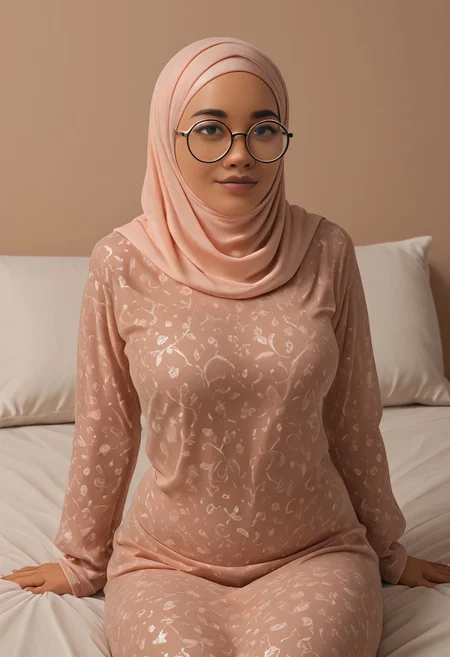 <lora:Mala2:1> 1girl, coll-malas, solo,hijab, round glasses, sitting on a comfy bed