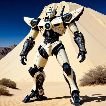 made out of, ebony, ivory, scrimshaw, bone carving, mecha, standing, pose, super robot anime, anime style, desert mountain, 2d high score, masterpiece, best quality, absurdres,