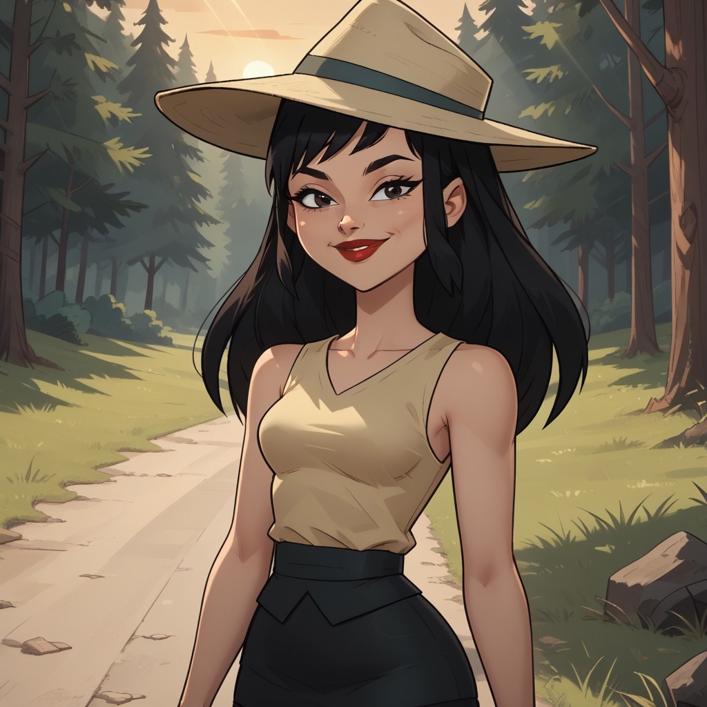 score_9, score_8, BREAK, solo, black hair, fedora hat, sleeveless shirt, black skirt, leggings, sneakers, red lips, lipstick, breasts, total drama, Sky_sister_(Total_Drama), cute, sexy pose, self portrait, smile, looking at viewer, outdoors, sunlight, shadows, evening lighting, natural lighting, forest, trees, grass, orange sky, sunset