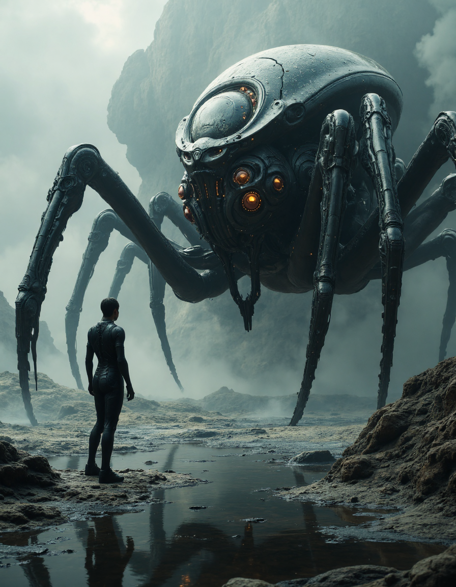 highly detailed cinematic scene, an alien world with a massive, menacing insect-like creature resembling a giant spider with a metallic exoskeleton and glowing organic elements. Its long, sturdy legs support a segmented, mechanical body with reflective eyes. A humanoid figure in a dark, form-fitting suit stands in the rocky, desolate background, facing the creature. Cracked terrain and swirling mist create an eerie atmosphere under a dark gray sky. The creatureâs reflection is visible in a wet surface, emphasizing its imposing presence. The color palette is dominated by dark grays, blacks, and metallic golds, with glowing accents, moody, epic, film grain, <lora:aidmaMJ6.1:0.6>, <lora:fluxenhancer:0.4>