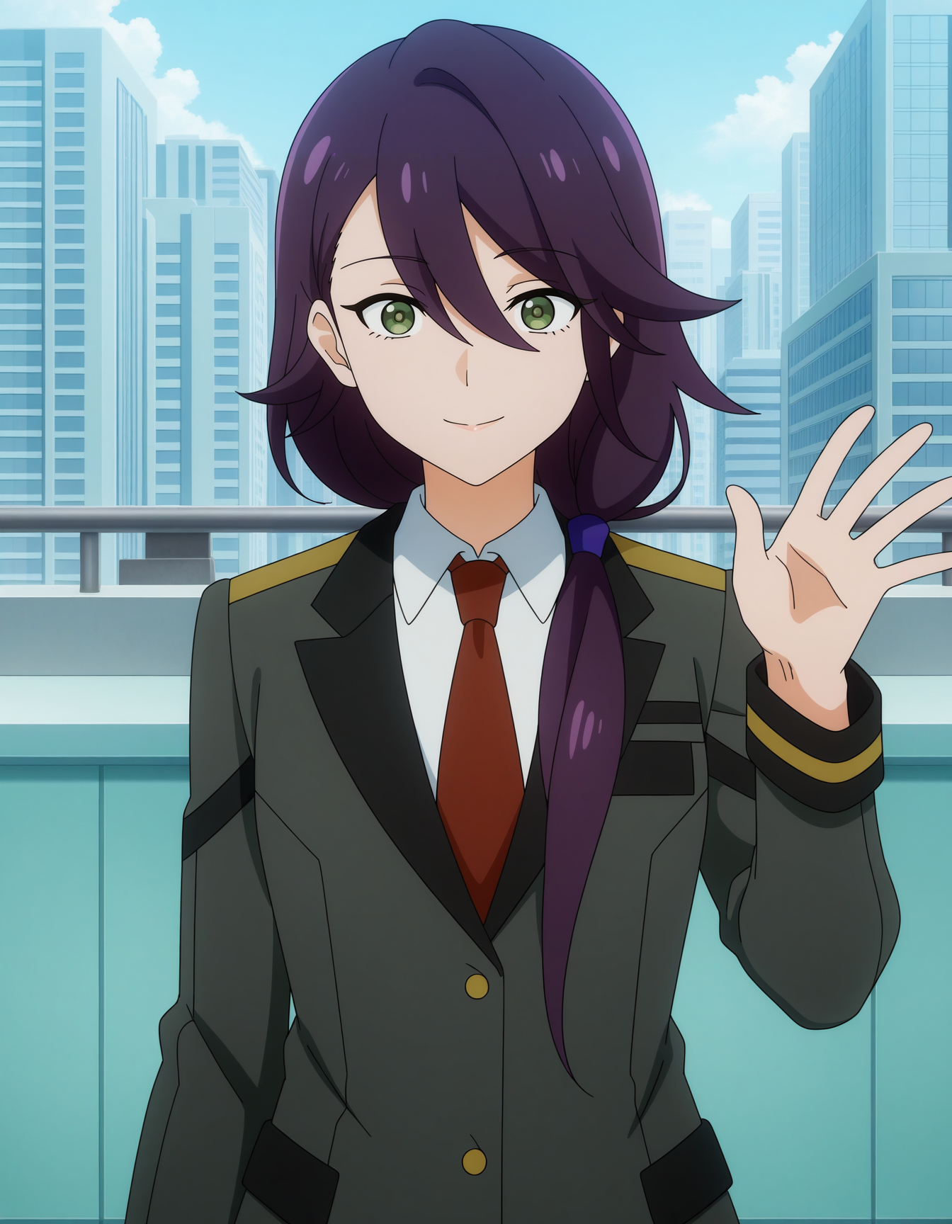 masterpiece, best quality, amazing quality, highres, absurdres, very aesthetic, high resolution, ultra detailed, perfect details,anime coloring, 1girl,solo,
outdoors,city,waving at viewer,standing,smile,(looking at viewer), front view,three-quarter portrait, 
<lora:ILL_ochiaimiyoshi_lion_e5:1> ochiaimiyoshi, long hair, bangs, shirt, long sleeves, jacket,grey jacket, hair between eyes, purple hair, white shirt,green eyes,eyelashes,uniform, ponytail, necktie, collared shirt, military, blazer, red necktie, military uniform,hair over shoulder,  low ponytail, formal, suit,