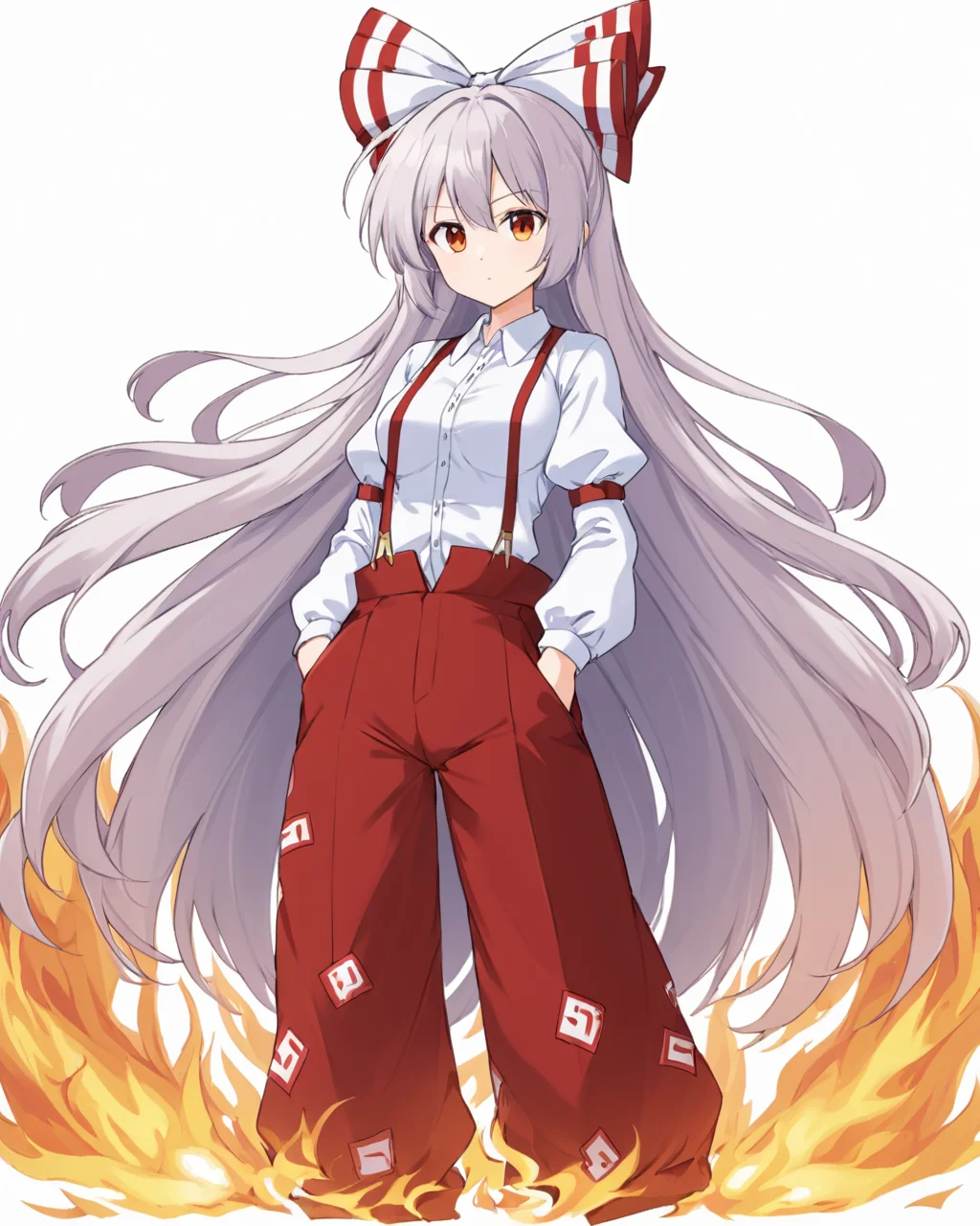 fujiwara no mokou,1girl, solo, suspenders, white_background, hair_bow, red_pants, looking_at_viewer, hands_in_pockets, collared_shirt, white_shirt, simple_background, white_bow, closed_mouth, cowboy_shot, breasts, red_bow, sidelocks, buttons, fire, juliet_sleeves
<lora:fujiwara_no_mokou_image4672_2023-12-14-000008:1>,star-shaped_pupils,symbol-shaped_pupils,. gorgeous,key visual, vibrant, studio anime,award-winning, professional, highly detailed,high budget, cinemascope