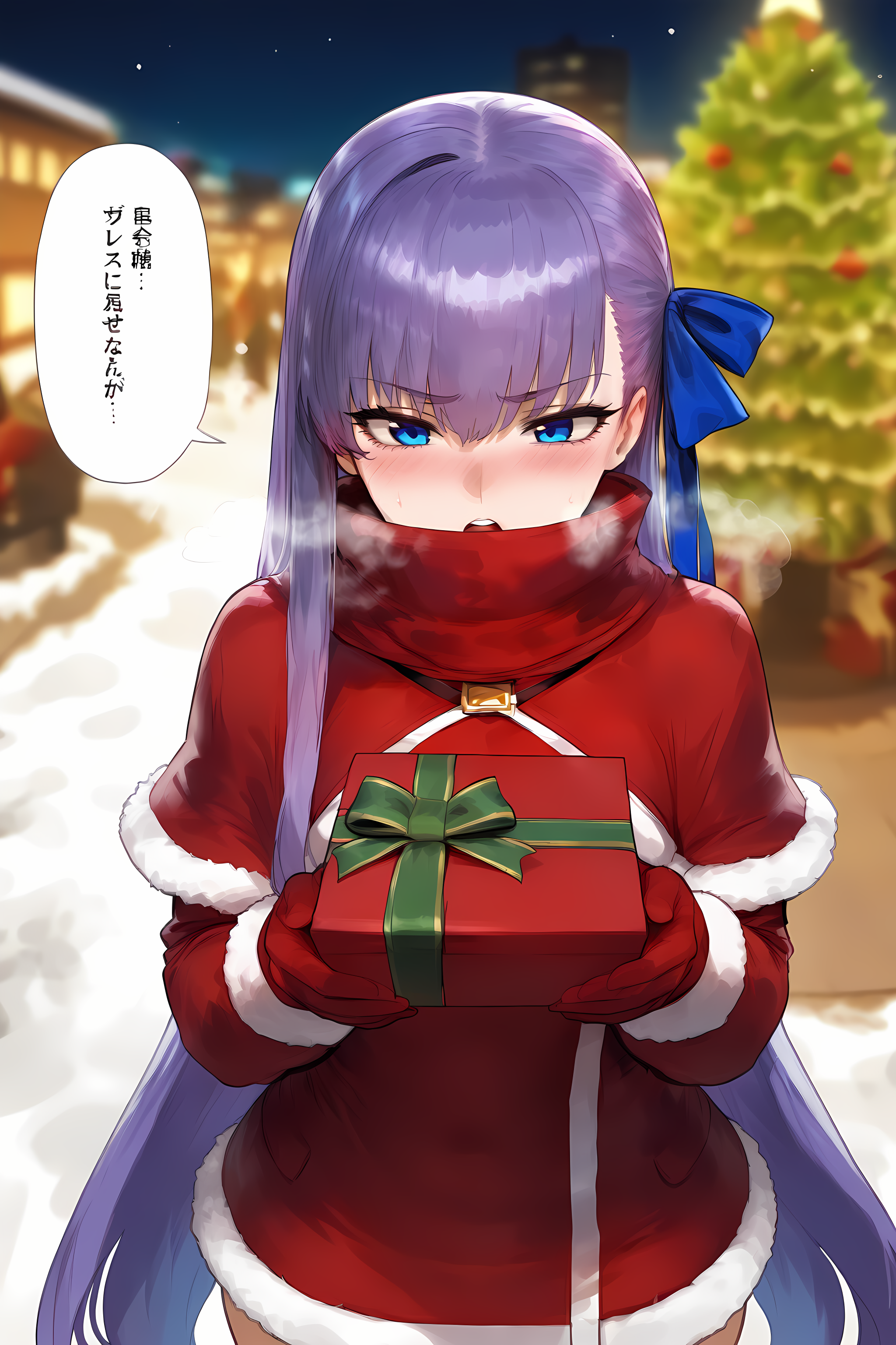 meltryllis \(fate\),1girl,long hair,purple hair,aqua eyes,blush,tsundere,gift box,holding gift box,cowboy_shot,depth of field,from_above,open mouth,upper_teeth,snow,christmas,santa costume,christmas tree,outdoors,night,street,facing_away,looking_away,gloves,scarf,covered mouth, floox, masterpiece, best quality, good quality, absurdres, newest