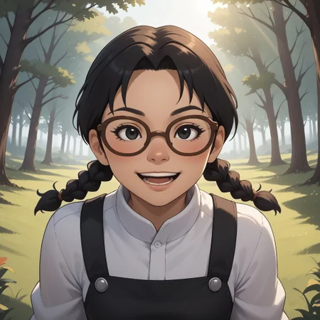 score_9, score_8, BREAK, solo, mii, wii, black eyes, brown glasses, small nose, half circle nose, big mouth, open mouth, teeth, mole under mouth, black hair, low braids, white clothing, black pants, shoes, blush, 1girl, female mii, cute, medium breasts, keiko_(\Wii_Sports\), wii Sports, Nintendo Mii, modern_mii, classic_mii, sexy pose, self portrait, smile, outdoors, sunlight, shadows, evening lighting, natural lighting, forest, trees, grass, orange sky, sunset