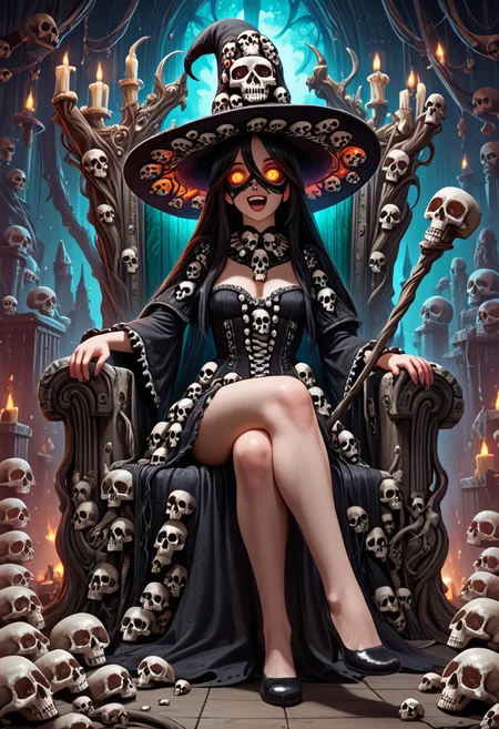 1girl, solo, slimes_skullwm, score_9, score_8_up, score_7_up, masterpiece, best quality, ultra-detailed, ultra-detailed eyes, very aesthetic, long black hair, gigantic witch hat, mask, skull mask, glowing eyes, long gothic dress made of skulls, holding staff made of skulls and bones, sitting crossed legs on top of throne made of bones, throne room made of skulls, indoor, detailed background, laughing, open mouth,