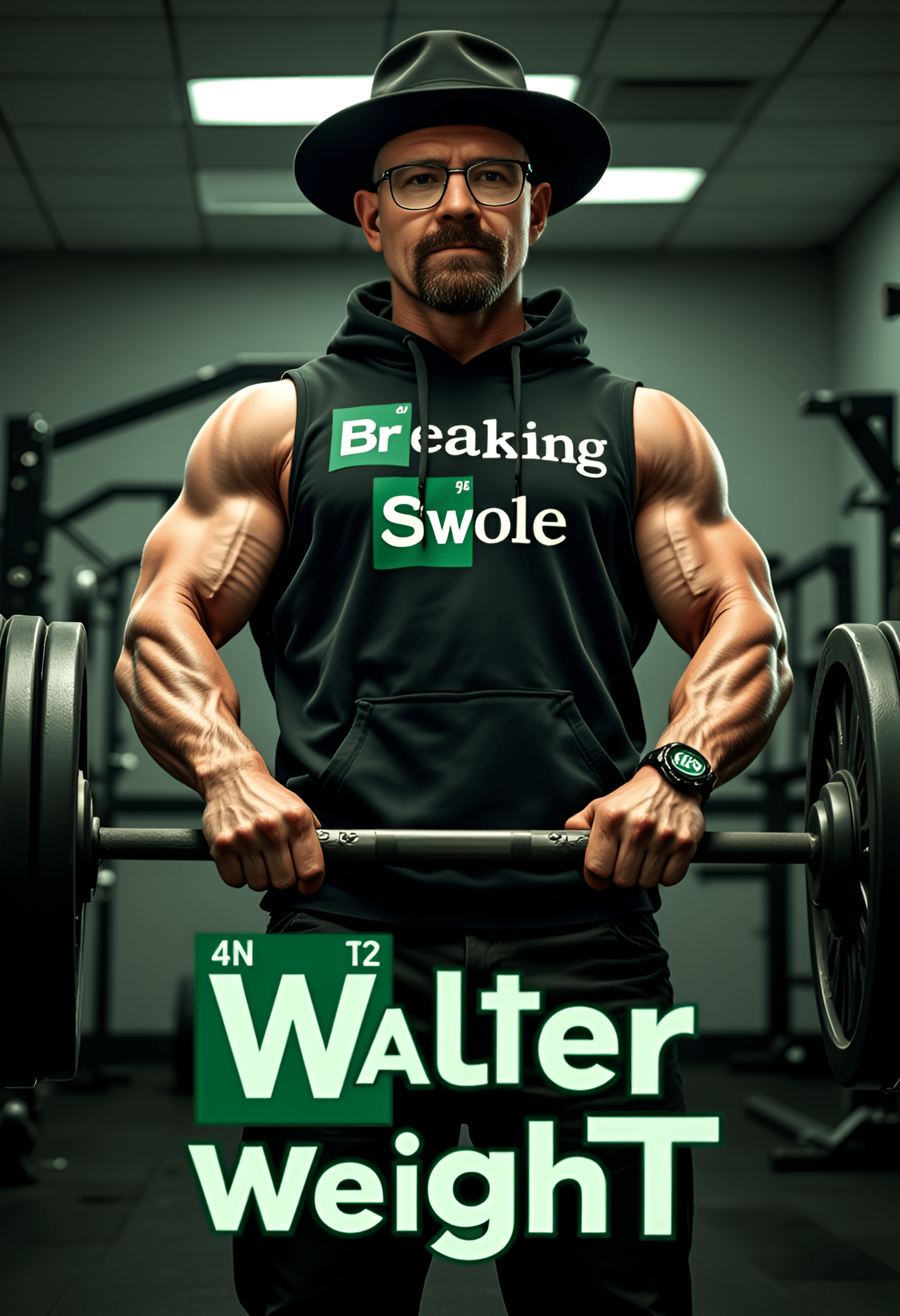 An incredibly muscular Walter White from Breaking Bad, wearing a sleeveless hoodie that reads 'Breaking Swole' in the iconic Breaking Bad font. The first two letters of 'Breaking' and 'Swole' are in green, like the show's title. His biceps, triceps, and shoulders are massive, showcasing a physique of extreme strength. He’s wearing his signature black hat and glasses. Walter is in a gym setting, curling a massive barbell with both hands, with a focused expression. The gym has weights, mirrors, and gym equipment in the background, with a dramatic, slightly gritty lighting reminiscent of the Breaking Bad aesthetic. Underneath the center of the image, add a text overlay that reads 'Walter Weight' in bold, stylized font, similar to the Breaking Bad title font
