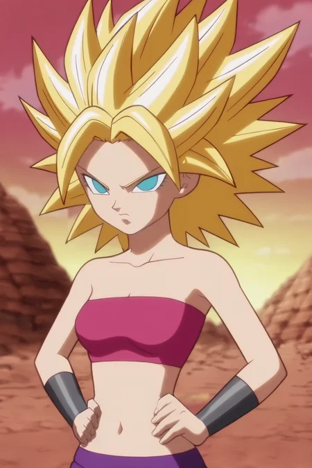 source_anime, score_9, score_8_up, score_7_up, anime screencap,8k, absurd res,
caulifla, official style, super saiyan, 1girl, solo, looking at viewer, blue eyes, blonde hair, closed mouth, collarbone, mountain, frown, spiked hair, annoyed, sunset skyline, serious, upper body, hands on hips, pink tube top, looking at another, navel, midriff, shiny hair, bracer, v-shaped eyes, v-shaped eyebrows, aura
<lora:caulifla_pony_v2:0.8>