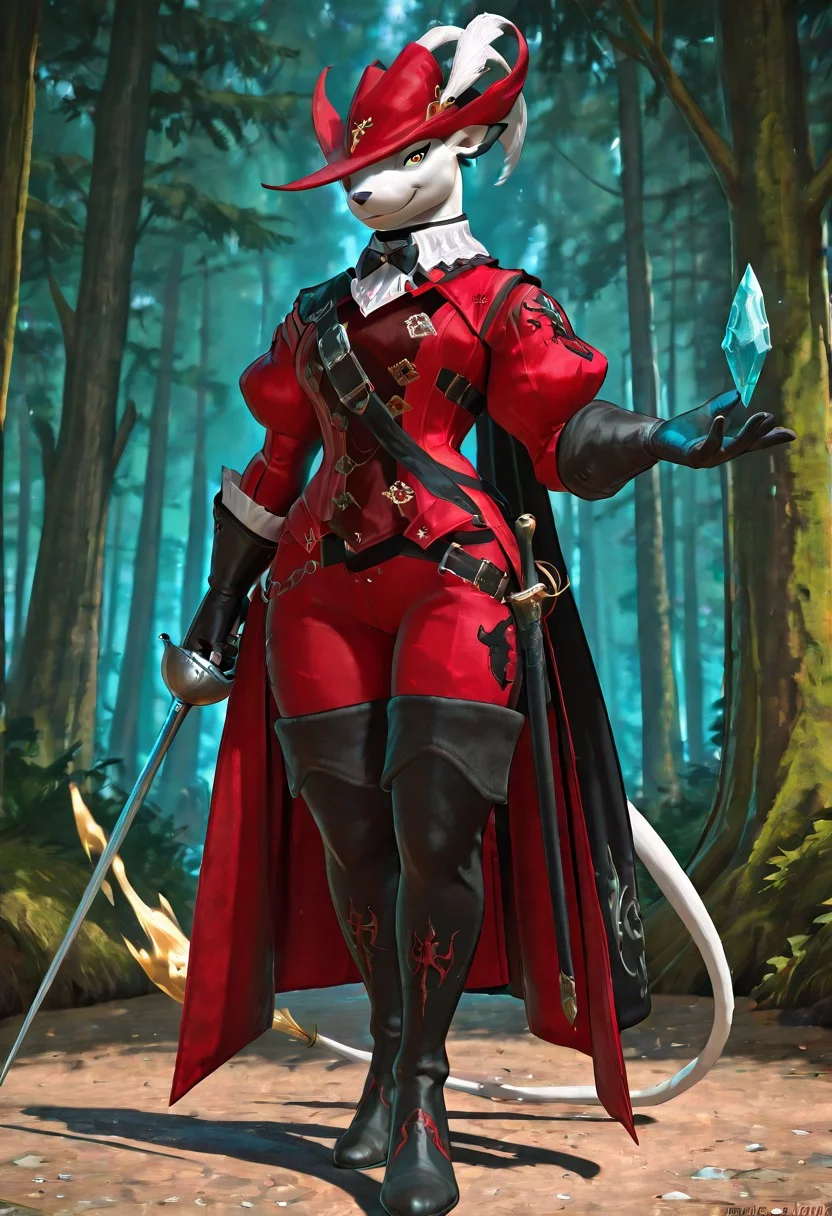 masterpiece, best quality, newest, absurdres, highres, full body, <lora:cfg_scale_boost:.7>,
1girl, full body, holding sword, rapier, holding crystal, open hand, forest,Kudamon_(Digimon), ellow Eyes, Yellow Body Markings, Gold Bullet Tipped Tail, Sharp Ears, Black Tipped Ears, White Skin, Ferret-Like, Anthro_Furry, looking at viewer, smirk,
<lora:RedMage_IL:1> redmage, hat feather,red hat, black neck bow, black shoulder cape, red coat, juliet sleeves,
red pants, black gloves,black belt, black thigh boots,