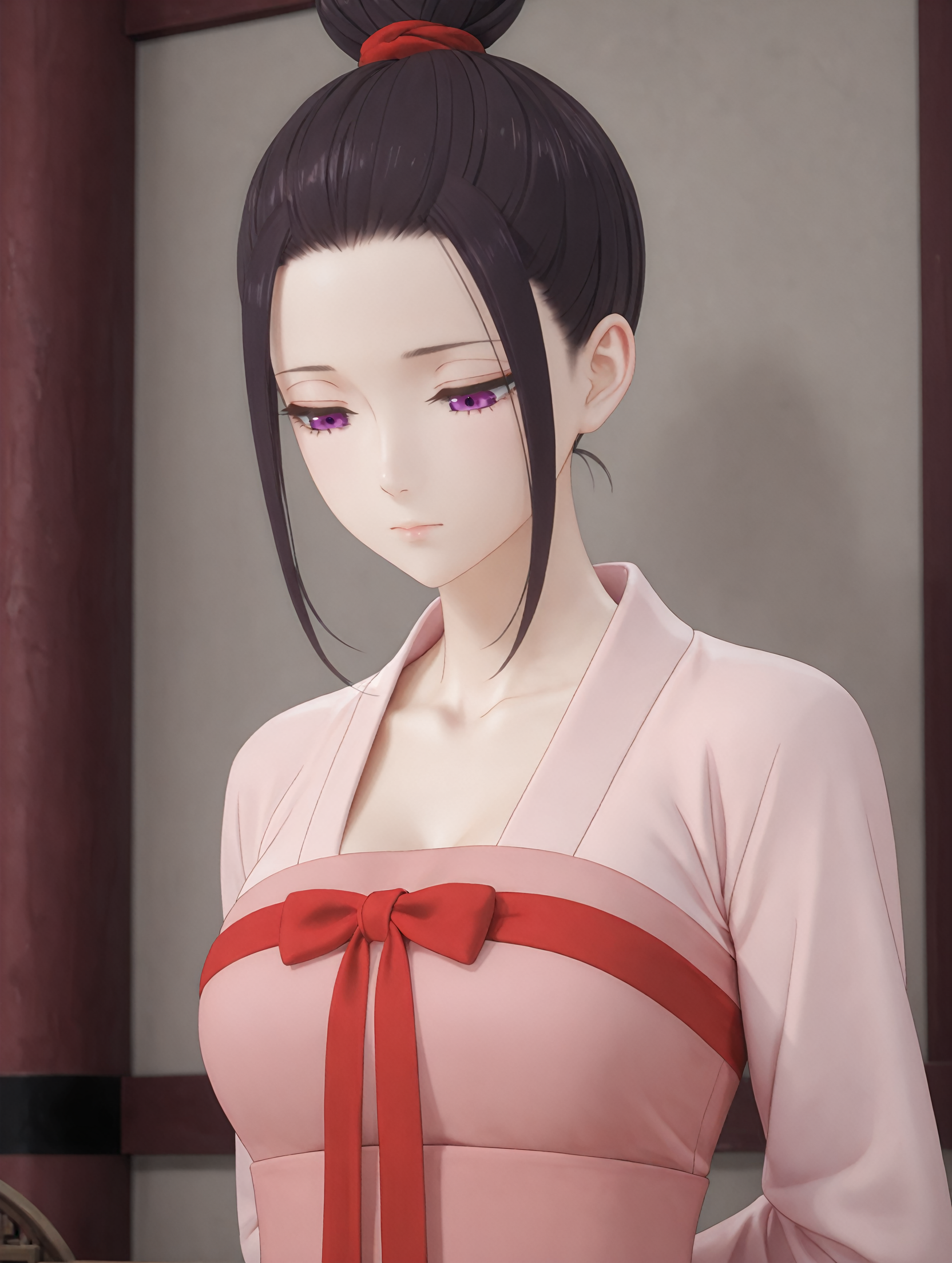 3d, <lora:Ryuu_Jusetsu_v6:0.45>  adult,
ryuu jusetsu, 1girl, solo, purple eyes, single hair bun, red scrunchie, sidelocks, black hair, pink hanfu, red chest bow, long sleeves, pensive, closed mouth, half-closed eyes, standing, arms behind back, looking down, upper body, indoors, wall, east asian architecture