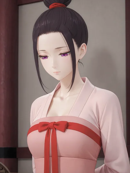3d, <lora:Ryuu_Jusetsu_v6:0.45> adult,
ryuu jusetsu, 1girl, solo, purple eyes, single hair bun, red scrunchie, sidelocks, black hair, pink hanfu, red chest bow, long sleeves, pensive, closed mouth, half-closed eyes, standing, arms behind back, looking down, upper body, indoors, wall, east asian architecture