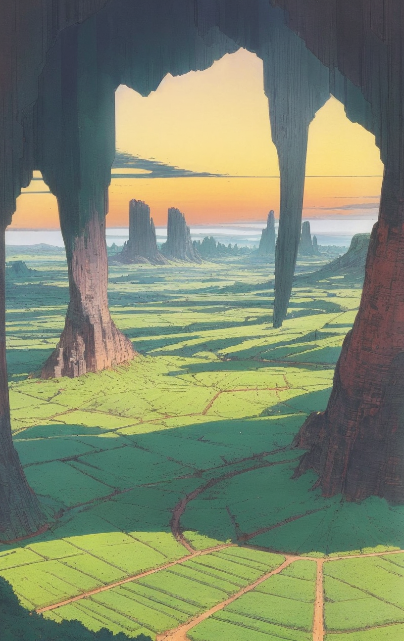 artwork <lora:Moebius:1>, Wide Shot of landscape with Organic at afternoon