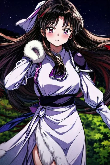 masterpiece, best quality 1girl Setsun4 solo long hair, (night time) forest background black hair very long hair purple eyes multicolored hair armor (fur trim) (medium body),<lora:EMS-179-EMS:0.800000>,<lora:EMS-293862-EMS:0.800000> bow, hair_bow, hair_tubes, red_bow, brown_hair, long_hair, bangs, sidelocks, ascot, brown_eyes, frilled_bow, yellow_ascot, blush, smile, hair_between_eyes