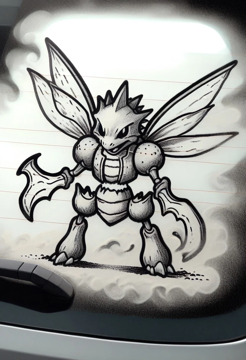 w4shm3, car, doodle, 1boy, solo, (scyther, bladed arms, wings), outline, simple, monochrome