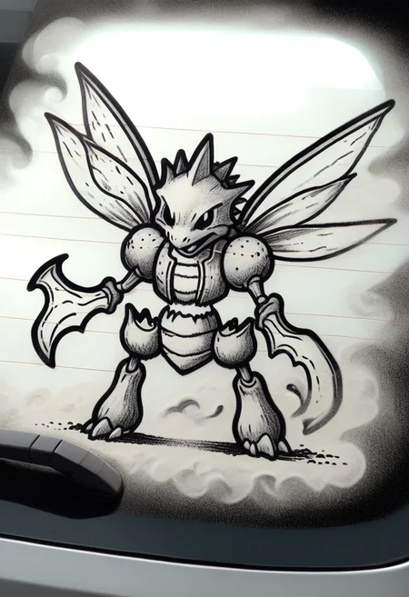 w4shm3, car, doodle, 1boy, solo, (scyther, bladed arms, wings), outline, simple, monochrome