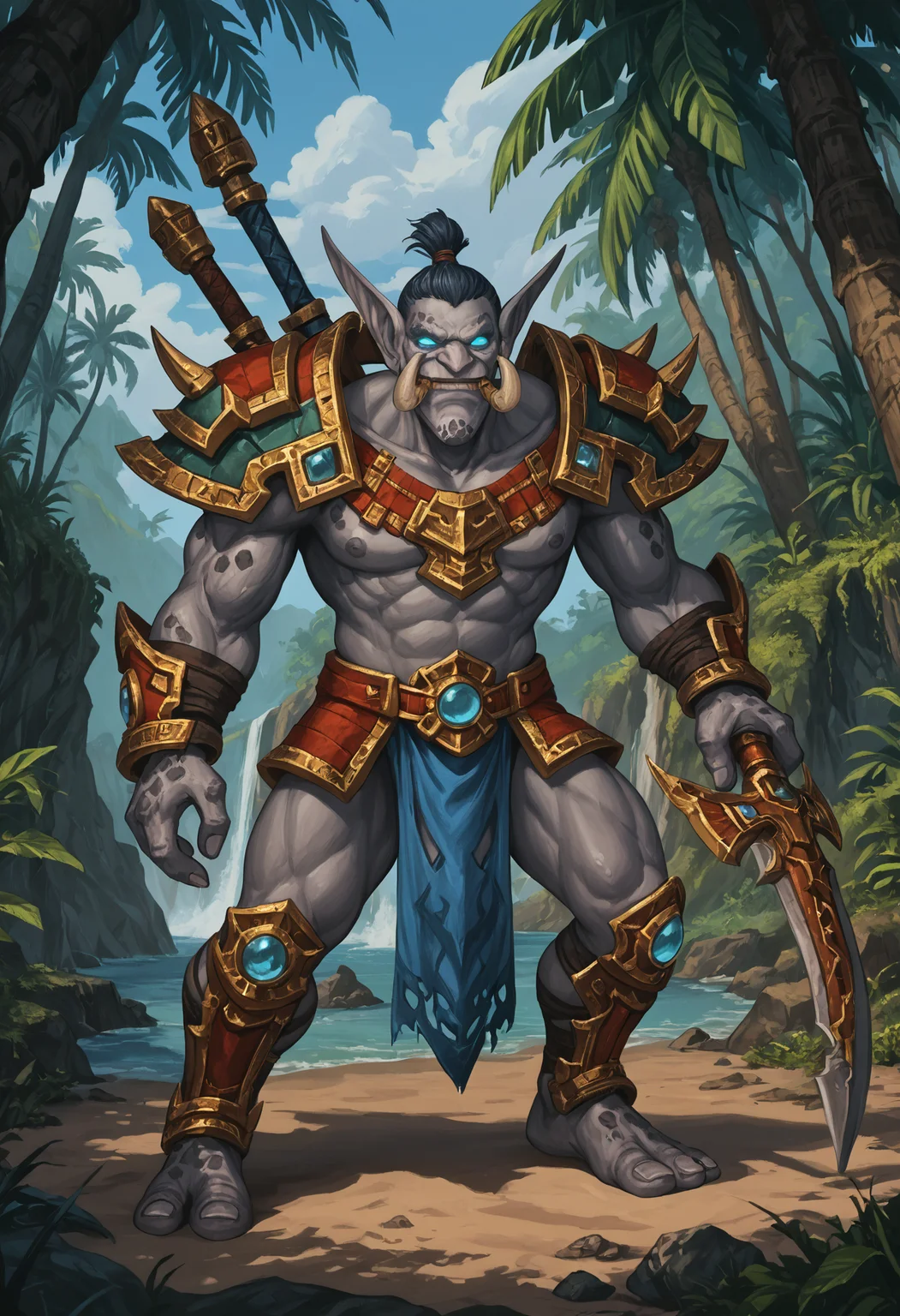 zPDXL3, score_9_up, score_8_up, score_7_up, detailed, (best quality:1.2), hi res, digital media \(artwork\), vivid color BREAK jungle, solo, zandalari_wow, troll, gray skin, glowing eyes, short hair, tusks, warcraft, pointy ears, 3 fingers, (2 toes:1.2), muscular, armor, warrior, weapon, action pose <lora:detailed_notrigger:1> <lora:ZandalariTroll_WoW_V1:1>