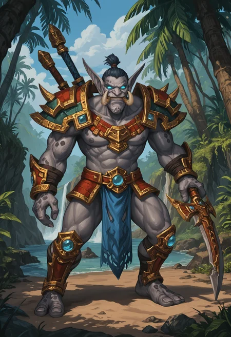 zPDXL3, score_9_up, score_8_up, score_7_up, detailed, (best quality:1.2), hi res, digital media \(artwork\), vivid color BREAK jungle, solo, zandalari_wow, troll, gray skin, glowing eyes, short hair, tusks, warcraft, pointy ears, 3 fingers, (2 toes:1.2), muscular, armor, warrior, weapon, action pose <lora:detailed_notrigger:1> <lora:ZandalariTroll_WoW_V1:1>