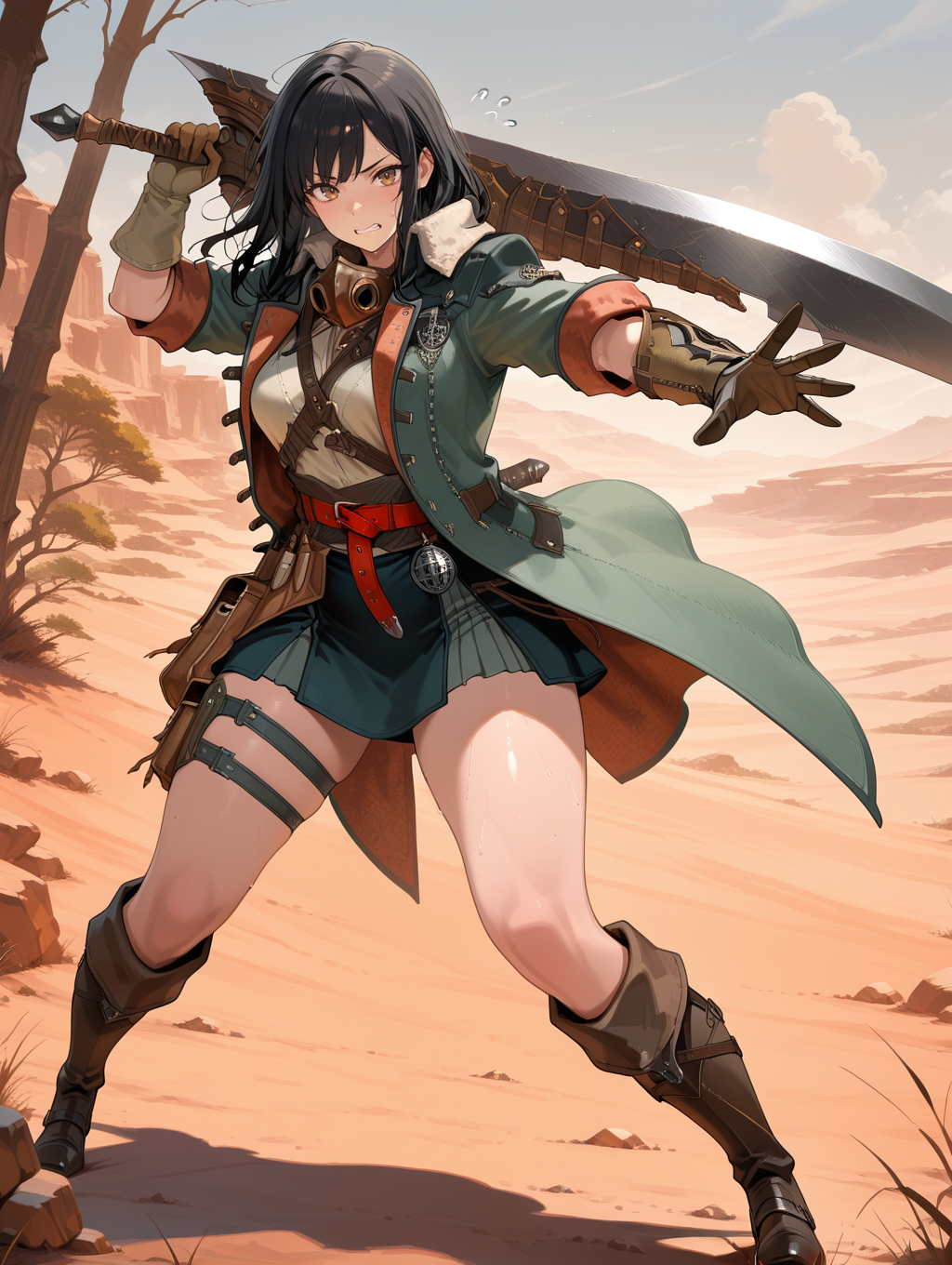 female hope armor,1girl,black hair,solo,huge sword,looking at viewer,fighting stance,holding huge sword,brown mouth mask,green jacket,white shirt,brown gauntlets,green skirt,thigh strap,brown knee boots,glowing,full body,red belt,brown pouch,flying sweatdrops,clenched teeth, outstretched hand, nature, wildness, desert, rock, tree,
masterpiece,best quality,amazing quality,very aesthetic,absurdres,newest,<lora:MHWilds hope armor illuXL v1:0.8>,