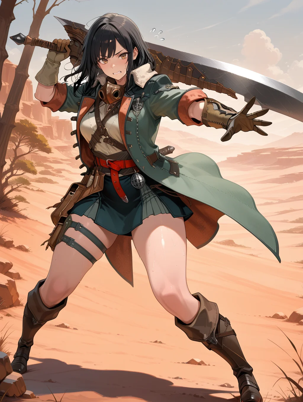 female hope armor,1girl,black hair,solo,huge sword,looking at viewer,fighting stance,holding huge sword,brown mouth mask,green jacket,white shirt,brown gauntlets,green skirt,thigh strap,brown knee boots,glowing,full body,red belt,brown pouch,flying sweatdrops,clenched teeth, outstretched hand, nature, wildness, desert, rock, tree,
masterpiece,best quality,amazing quality,very aesthetic,absurdres,newest,<lora:MHWilds hope armor illuXL v1:0.8>,