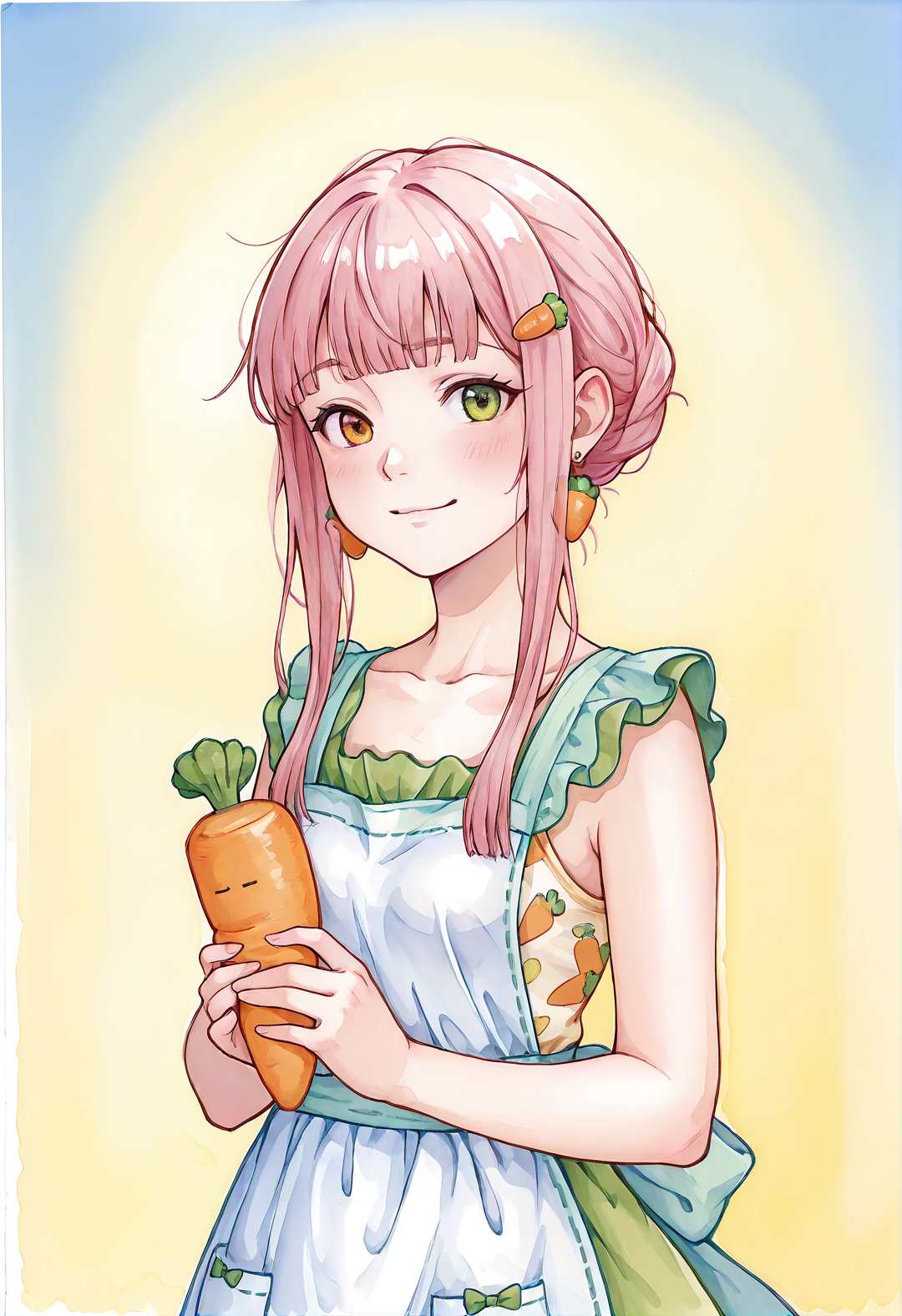 masterpiece, best quality, amazing quality, very aesthetic, high resolution, detailed face, detailed eyes, intricate details, 1girl, solo, small breasts, pink hair, short hair, hime cut, shaved nape, (two long locks in front on face), Heterochromia, (blue and yellow eyes), whimsical carrot-themed dress with orange and green accents, leafy ruffles, cute apron with tiny carrot patterns, holding soft adorable carrot plushie with a happy face, cheerful expression, spring picnic setting with blooming flowers and a sunny sky, warm soft lighting, vibrant colors, highly detailed, adorable and playful atmosphere, full-body view, cute accessories like carrot-shaped earrings and a leafy hairpin, traditional media, watercolor (medium), painting (medium), <lora:boobandpoopa_il:0.5>