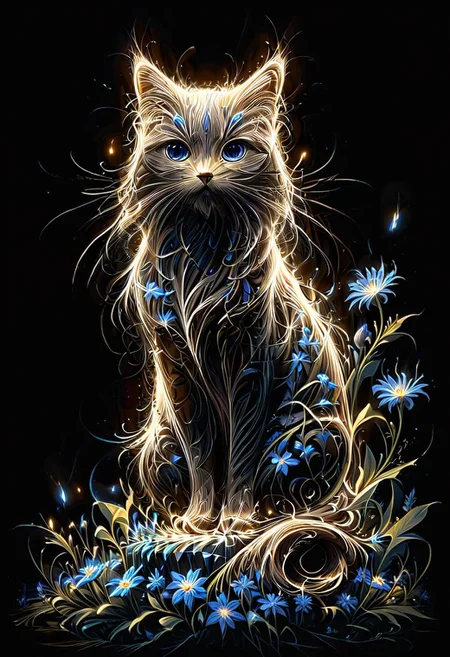 a (tiny minuature fantasy cat glowing with a mystical light) aitting on a blue flower, midnight moonlight, graphic style of novel comics, 2d, 8k, hyperrealism, masterpiece, high resolution, best quality, ultra-detailed, super realistic, Hyperrealistic art, high-quality, ultra high res, highest detailed, lot of details, Extremely high-resolution details, incredibly lifelike, colourful, soft cinematic light,