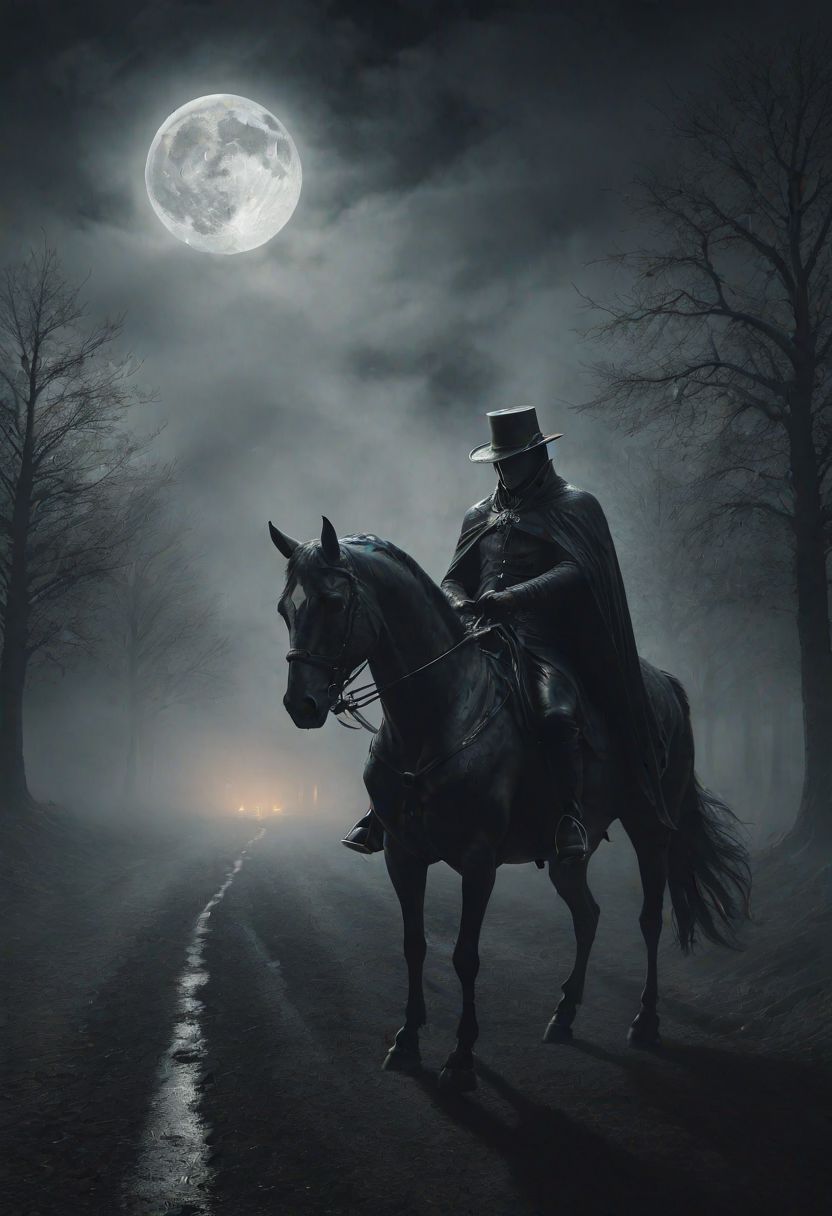 Headless Horseman in ultra-high quality, eerie atmosphere, dark and spooky, detailed textures, cinematic lighting, horse, mist, moonlight, depth of field, photorealistic, 4k resolution
