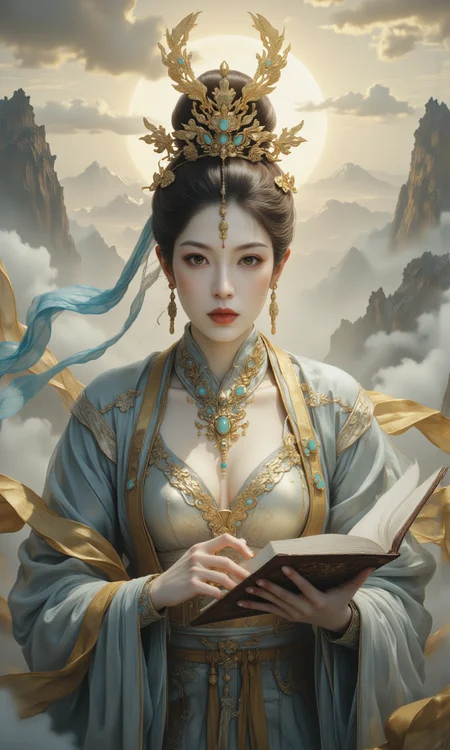 Top Atmosphere Photography Works, extremely realistic, midjourneyv6.1, mythp0rt, Portrait by Dorota Pietrowiak,
masterpiece, best quality, photorealistic, (Extremely realistic, top quality, official art, beautiful and aesthetic:1.2), 4k, 8k, very rich details, close-up,
(1girl/immortal, jewelry, earrings, red lips, long sleeves, chinese clothes, hanfu, hair bun, shawl, ribbon, Phoenix Crown, Biyao, Jade Ornaments, Floral Ornaments, armor, Hair Pin, Hair Comb, Golden Forehead Ornament, Beaded Strands, feathers clothes, cleavage, huge chest) is holding a book with her right hand, and making a (jianjue/holding the index and middle fingers together with the thumb pressing against the ring finger) with her left hand,
fog, clouds, mountain, floating in mid air, floating in sky, statdust,
very strong contrast, dramatic Lighting,
strong visual contrast, from below, perfect cue,
cinematic film style, special effects, VFX, award-winning picture, highly detailed, ultra-high resolutions, 32K UHD, sharp focus,
(photorealistic:1.5), (Extremely realistic, masterpiece, top quality, official art, best quality, beautiful and aesthetic:1.2), 4k, 8k,
very rich details,