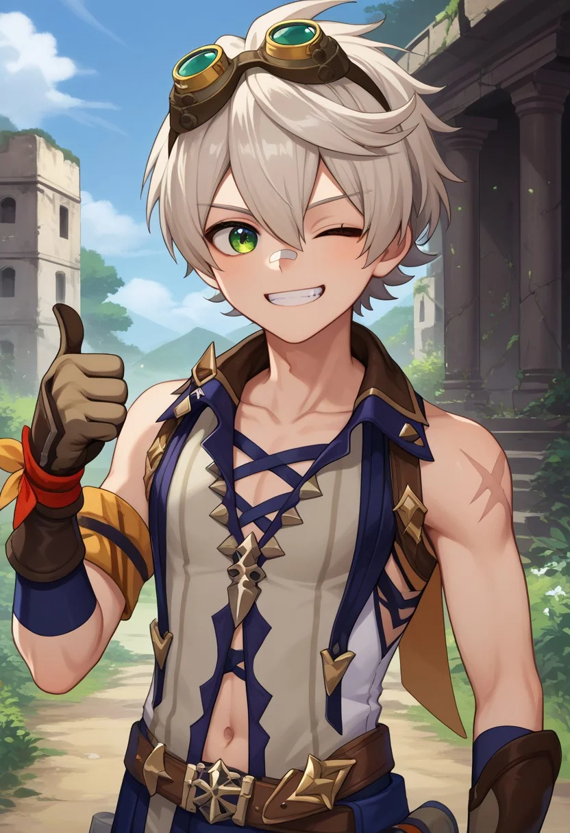 score_9, score_7_up, source_anime, 
bennett, 1boy, male focus, solo, green eyes, grey hair, short hair, hair between eyes, bangs, goggles, goggles on head, bandaid, bandaid on nose, shirt, white shirt, sleeveless, collarbone, scar, scar on arm, navel, gloves, brown gloves, belt, one eye closed, thumbs up, smile, grin,
outdoor, nature, sky, ruins,