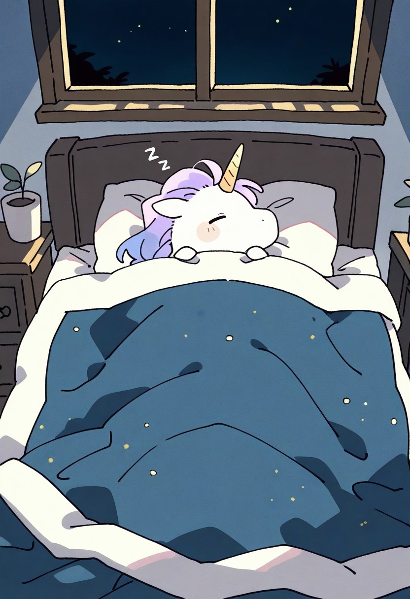 "(masterpiece, best quality, high quality, highres), very awa, highres, absurdres,
(naguru \(cyoroama\), (chii-kun \(seedyoulater\):0.7), 
(unicorn:1.1),
(no humans:1.1), (cute:1.2), comfy, solo, cozy,
sleeping, cozy room, indoors, on bed, under the blanket, pillow, zzz, on back, night, "