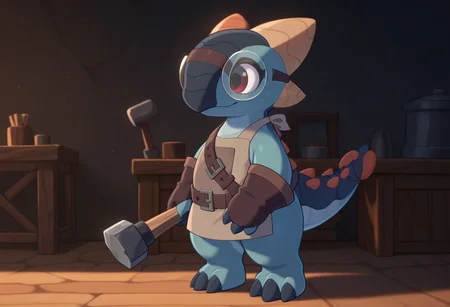 highres, absurdres, newest, masterpiece, best quality, furry, small tail, claws,
chester, male, Ankylosaurus, blue skin, dark red eyes, 3 fingers, 3 toes, brown jacket, apron, gloves, glasses, belt,, detailed eyes, professional lighting, anthro, solo, masterpiece, workshop, hammer in hand