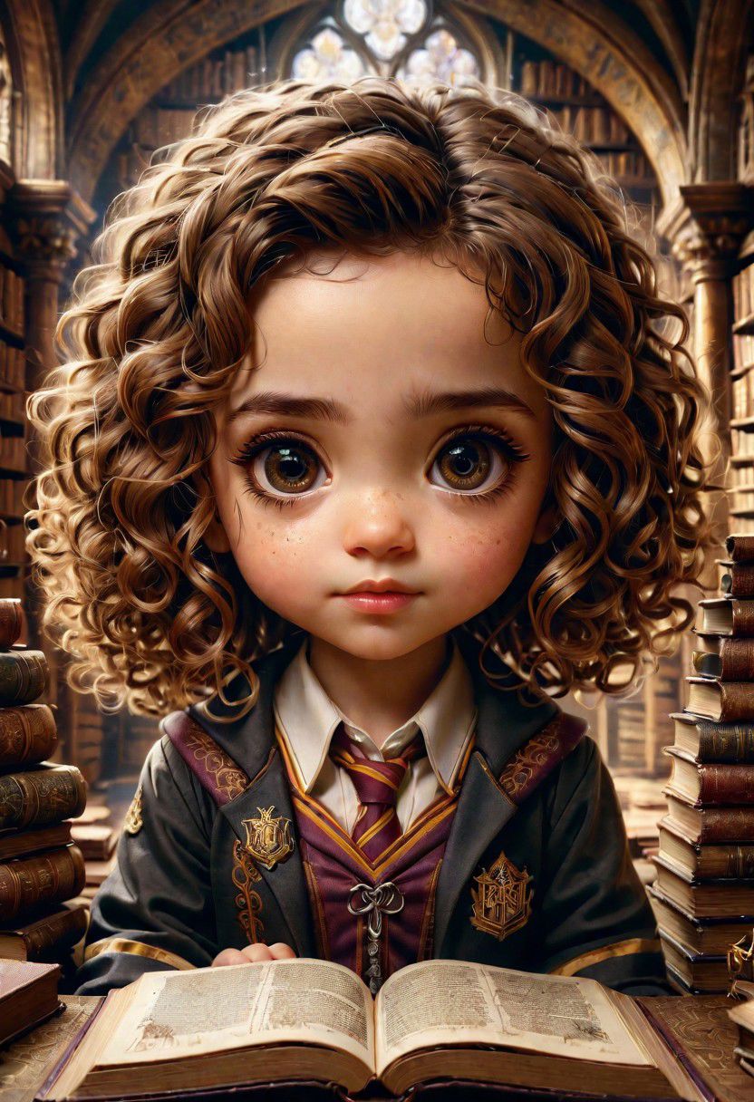 Hogwarts yearbook Portrait of adorable Chibi baby Hermione Granger by Awwchang and CGSociety and Carne Griffiths and James Christensen, dark brown eyes, curly hair,  griffendor uniform, intricate motiffs, intricate filigree, hogwarts library background, Lou Xaz