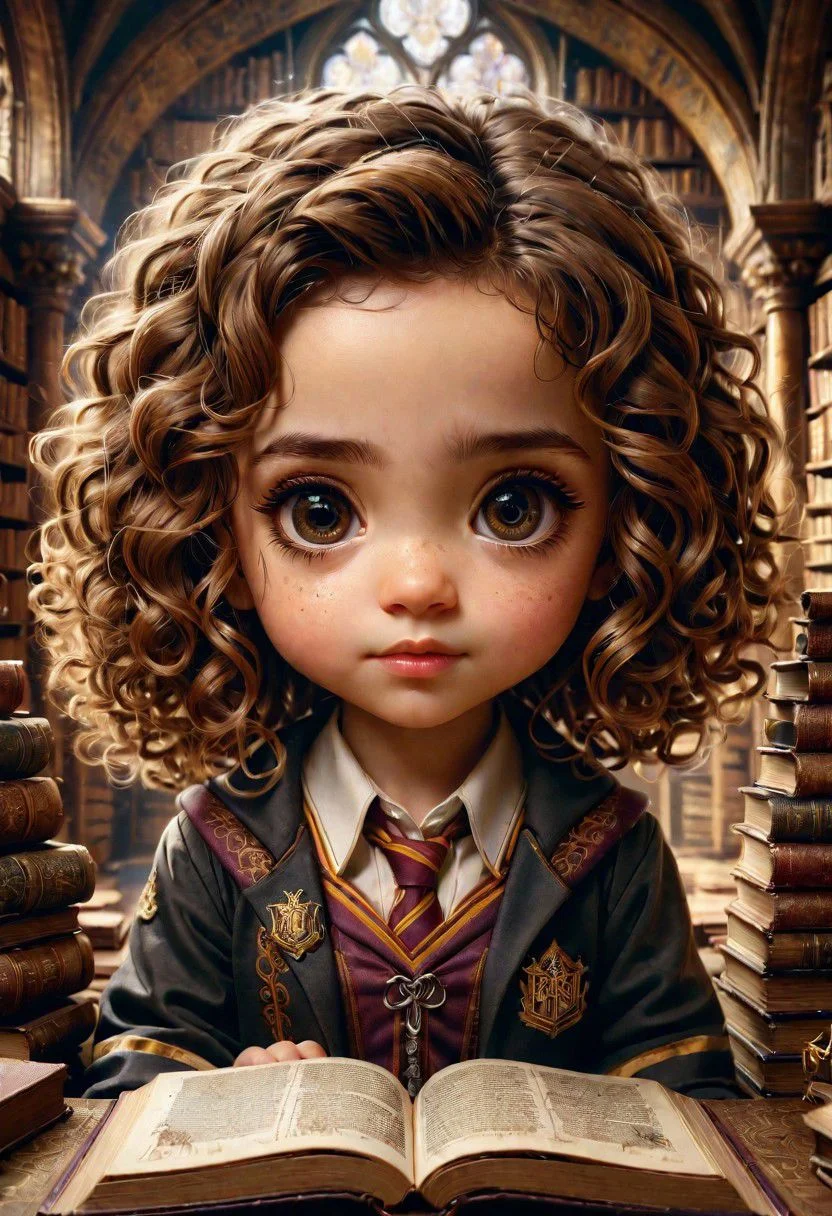 Hogwarts yearbook Portrait of adorable Chibi baby Hermione Granger by Awwchang and CGSociety and Carne Griffiths and James Christensen, dark brown eyes, curly hair, griffendor uniform, intricate motiffs, intricate filigree, hogwarts library background, Lou Xaz