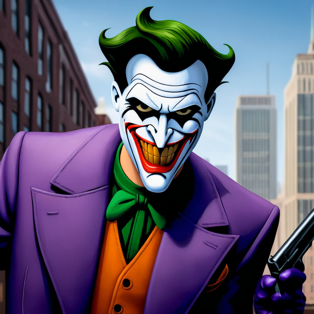 Hyperrealistic art of  <lora:Joker:1.2>
Joker a cartoon of a joker holding a gun in Gotham city universe, Extremely high-resolution details, photographic, realism pushed to extreme, fine texture, incredibly lifelike