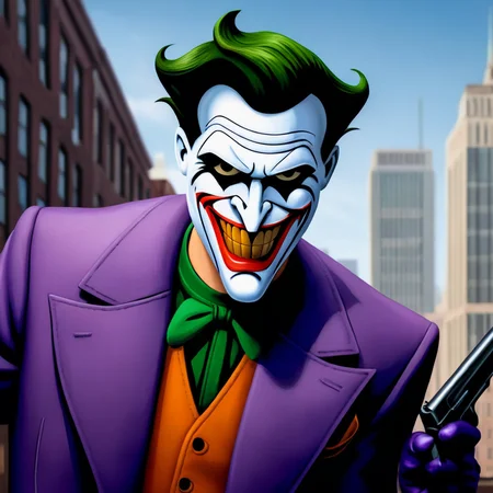 Hyperrealistic art of  <lora:Joker:1.2>
Joker a cartoon of a joker holding a gun in Gotham city universe, Extremely high-resolution details, photographic, realism pushed to extreme, fine texture, incredibly lifelike
