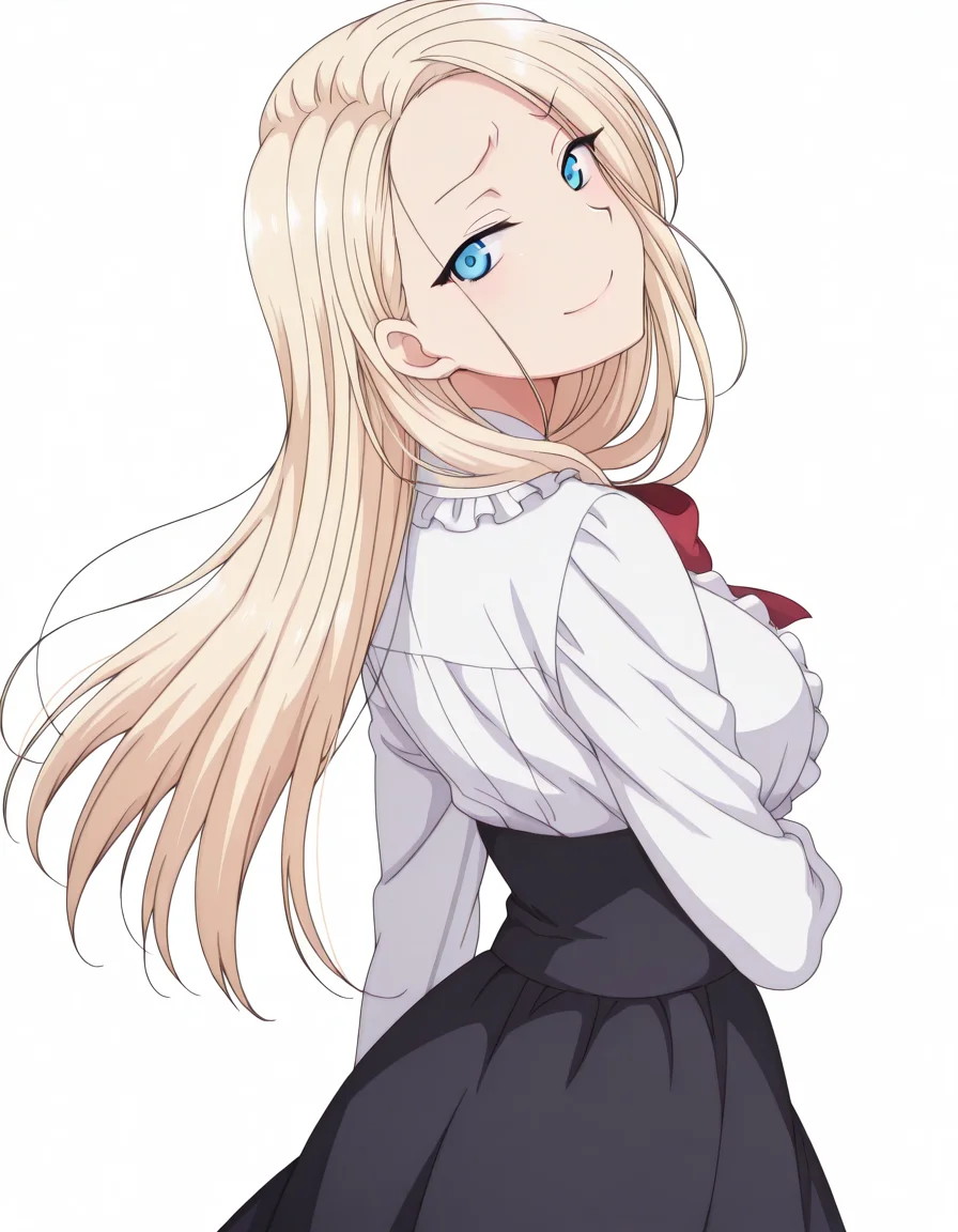 masterpiece, best quality, amazing quality,, <lora:reina-kurashiki-ova-illustriousxl-lora-nochekaiser:1>, reina kurashiki, long hair, blue eyes, blonde hair, mature female, breasts, anime screencap, <lora:virgin-killer-outfit-illustriousxl-lora-nochekaiser:1>, virgin killer outfit, meme attire, high-waist skirt, center frills, frilled shirt, underbust, aran sweater, frilled shirt collar, red bowtie, frills, skirt,, <lora:shaft-look-illustriousxl-lora-nochekaiser:1>, shaft look, looking back, from behind, head tilt, cowboy shot, smile,, determined,furrowed_brow,serious, , <lora:transparent-background-illustriousxl-lora-nochekaiser:1>, transparent background, simple background, white background, ,
