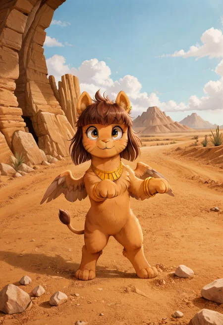 full body, ((solo)), furry, fluffy, fluffy fur, perfect eyes, zPDXL3, ((action_pose:1.5)), sfw,
cute female furry feral chibi m4gp1e, bipedal, blushing, rocks, source_furry, m4gp1e, sphinx, feral, jewelry, bracelets, wings, smiling,
(((outside desert mountain))),
(high detailed face), (high art quality), (high detailed), 4k, (high resolution), (8k resolution), masterpiece, best quality, ((scenery)), detailed background